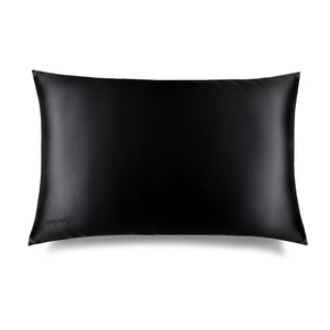 The Black Jade Silk Pillowcase by drowsysleepco, featuring a smooth, shiny texture, is shown on a white background. Perfect for hair protection and beauty routines, the brand appears subtly in small letters in the lower left corner.