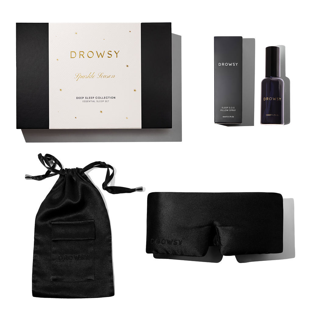 The drowsysleepco Black Jade Deep Sleep Collection includes a luxury silk sleep mask, deep sleep pillow spray, a matching drawstring pouch, and gift box—all elegantly presented on a white background.