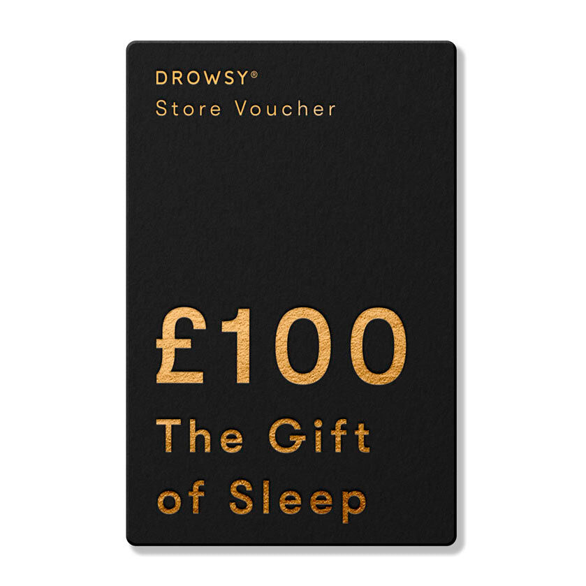A sleek black drowsysleepco Sleep Gift Card with gold text, valued at £100, makes the perfect gift for shopping at our online store.