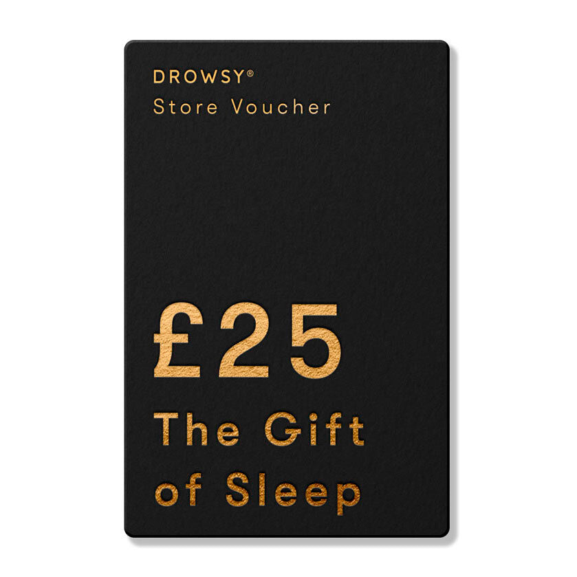 A black drowsysleepco Sleep Gift Card with gold £25 The Gift of Sleep text—ideal for shopping in our online store.