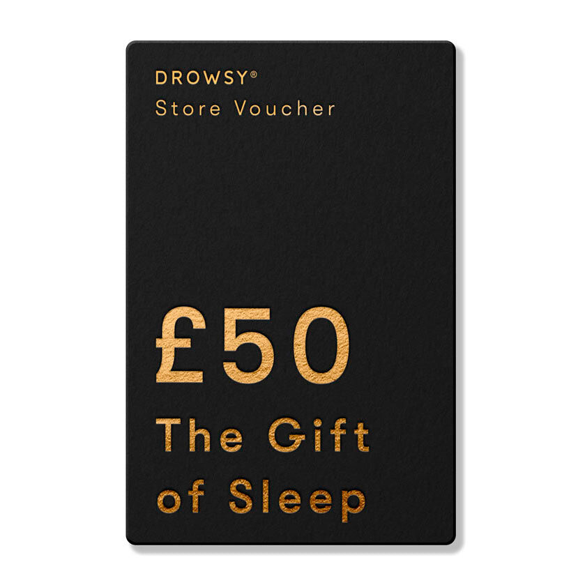 A black Sleep Gift Card from drowsysleepco with gold text, worth £50—the perfect online voucher for gifting the gift of sleep.