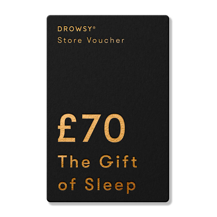 A black Sleep Gift Card by drowsysleepco with gold text—£70, The Gift of Sleep. The perfect online gift card for their store.