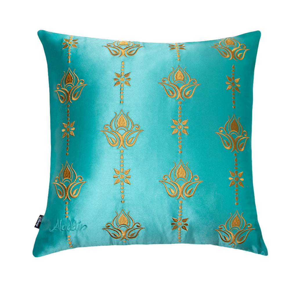 The Jasmine Bundle by drowsysleepco features a square turquoise satin pillow with golden floral and lotus embroidery in vertical rows and a small side tag reading "Aladdin.