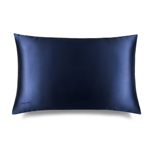 The drowsysleepco Midnight Blue Silk Pillowcase, shown on a white background, offers skincare and hair protection benefits with its smooth, rectangular design in dark navy blue silk.