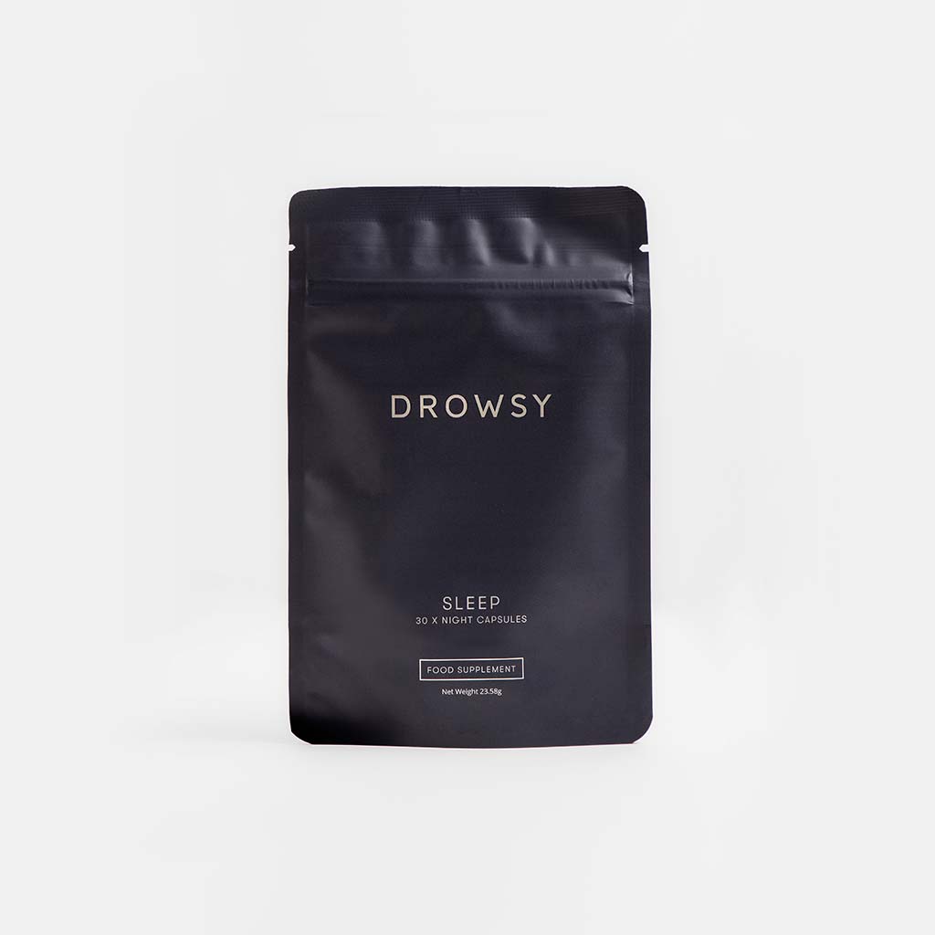 A black resealable pouch labeled drowsysleepco holds the Sleep Supplement Subscription: 30 night capsules, food supplement, set against a plain light background.
