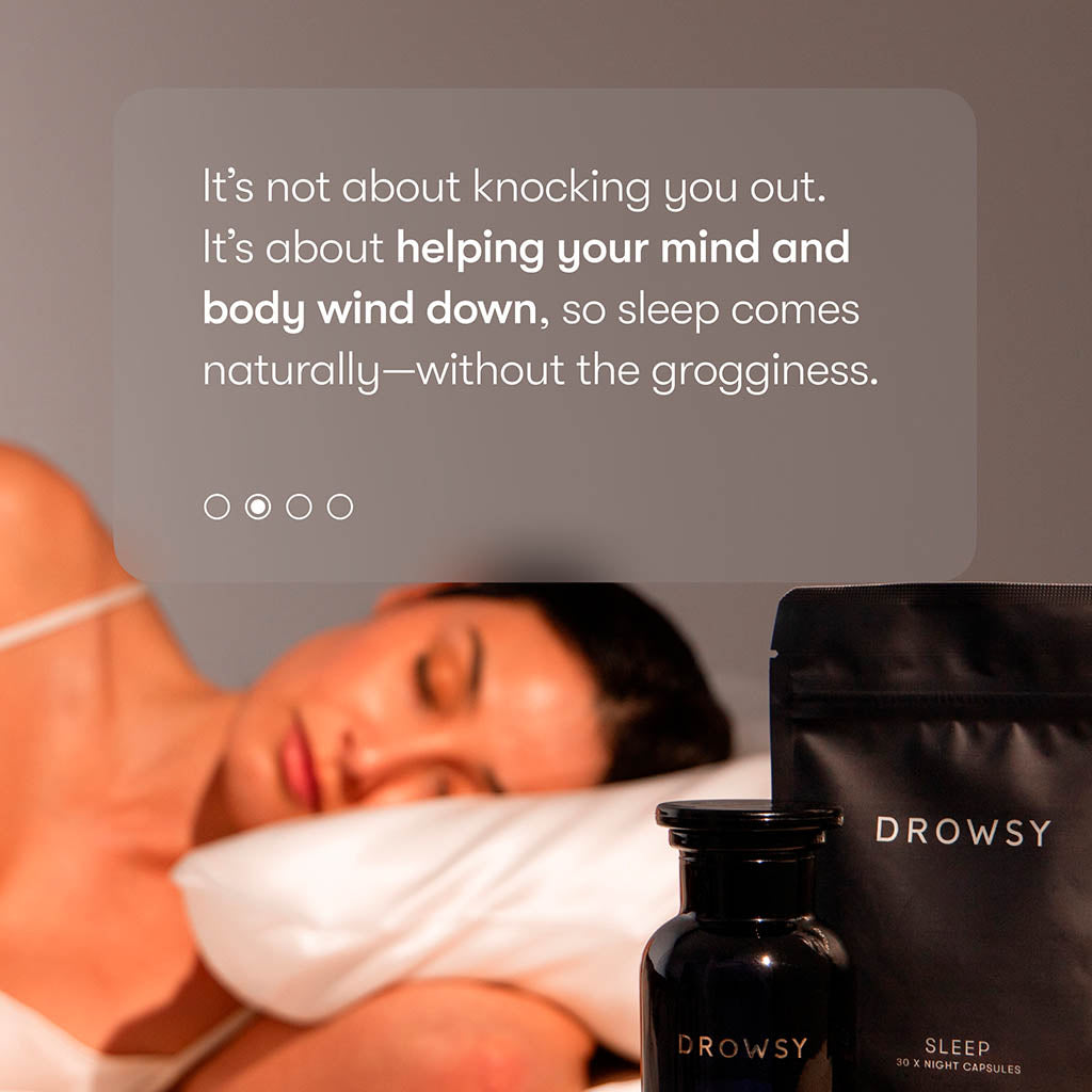 A woman rests on her side with her head on a pillow. In front are drowsysleepco Supplements - Sleep, highlighted as supporting relaxation and helping you wake up refreshed for natural sleep without grogginess.