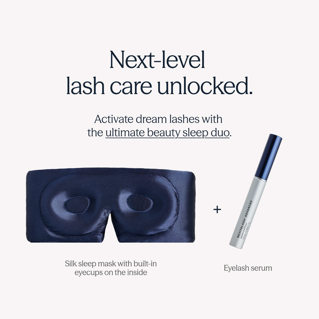 The Drowsy RevitaLash® Cosmetics x Drowsy® Dream Lashes Kit pairs a navy silk eyelash mask with eyecups and a tube of RevitaLash Advanced, delivering next-level lash care and the ultimate beauty sleep duo.