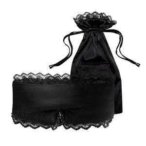 The drowsysleepco Paris Love Story - Black Jade Sleep Mask, featuring lace trim and DROWSY embossed, is shown with its matching black pouch, both displayed against a white background.