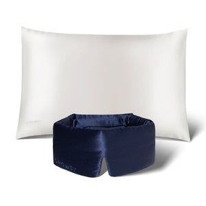 The Perfect Skin Bundle Midnight Blue by drowsysleepco includes a white pillow with a subtle logo and a dark navy blue padded silk sleep mask, both branded—ideal for enhancing your beauty sleep.