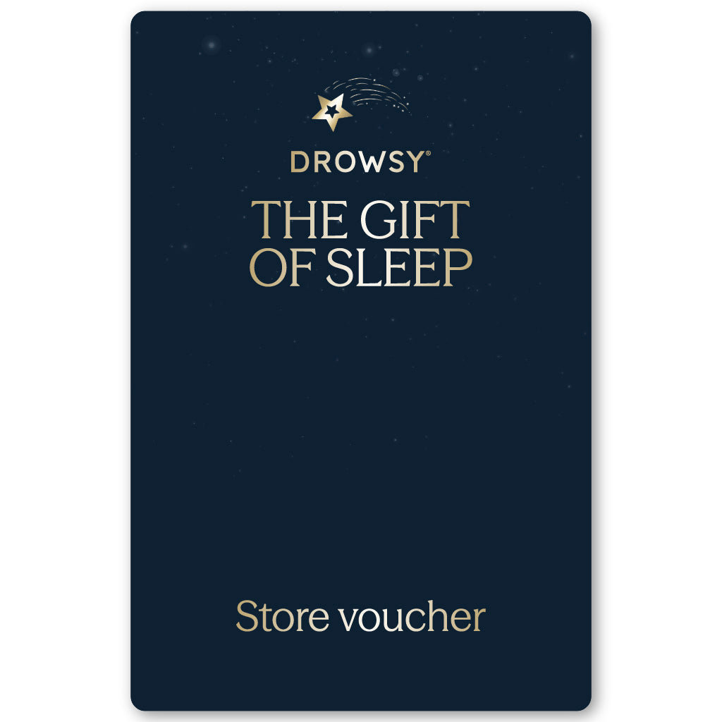 A dark blue drowsysleepco Sleep Gift Card features a gold star and "Drowsy The Gift of Sleep" in gold text, with “Store voucher” below. Its simple, elegant design makes it a perfect gift for restful nights.