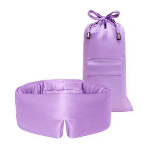 The drowsysleepco Lavender Haze Sleep Mask + Pouch features a luxuriously padded purple silk sleep mask displayed in front of its matching drawstring pouch, both set against a white background—designed for ultimate beauty sleep and total blackout comfort.