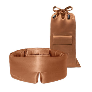 Pumpkin Spice Sleep Mask + Pouch by drowsysleepco, featuring a copper-hued silk blackout eye mask embossed with “Drowsy”, shown alongside a matching satin drawstring pouch with pocket, both displayed on a white background.