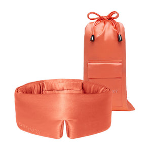 The Summer Coral Sleep Mask + Pouch by drowsysleepco is a silky orange silk eye mask with “DROWSY” embroidered on the front, displayed alongside a matching orange drawstring pouch with a handy pocket—ideal for beauty sleep or as a luxurious blackout mask.