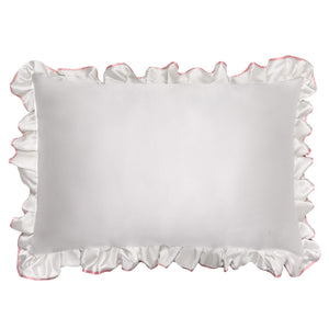 The drowsysleepco Sleep and the City - Pearl & Pink Pillowcase features a rectangular white satin design with light pink ruffle trim, shown against a plain white background.