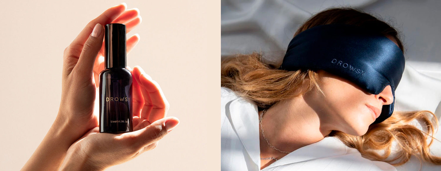 On the left, two hands hold a bottle labeled Drowsy. On the right, a woman wearing a navy sleep mask lies down, her head resting on a pillow in bright sunlight.