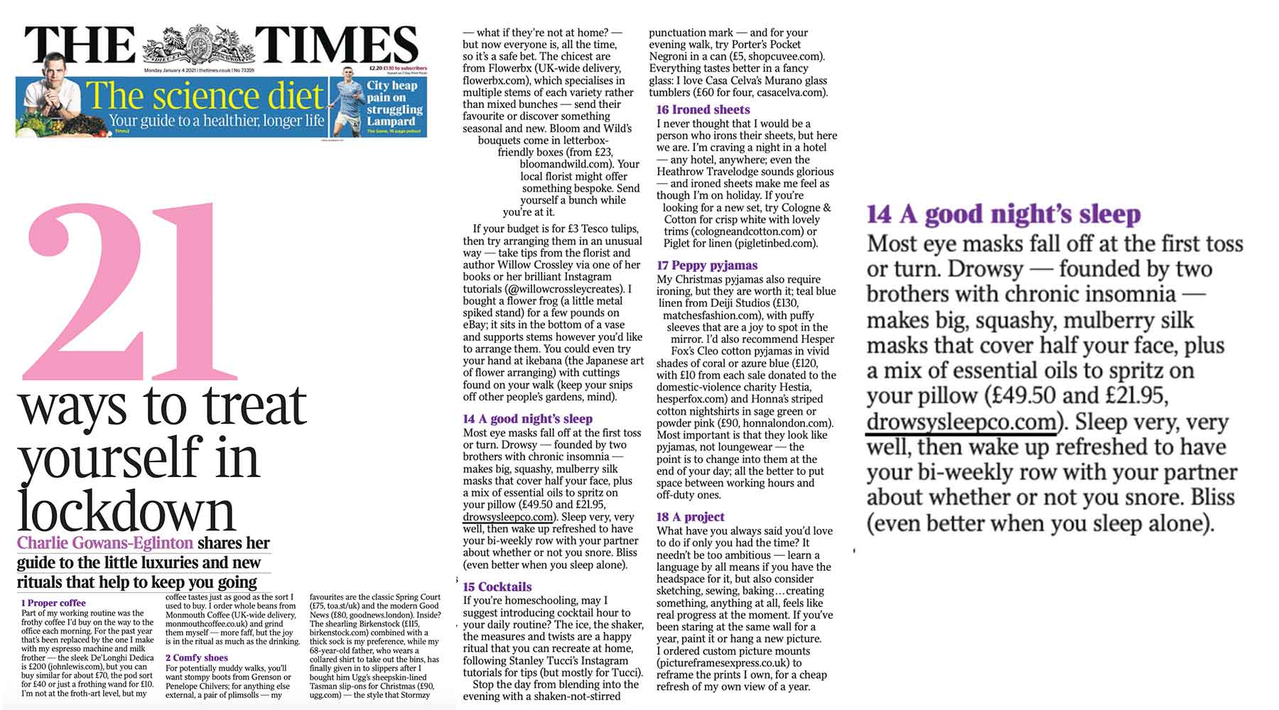 Collection of screen shots from article featuring Drowsy Sleep Co in The Times newspaper