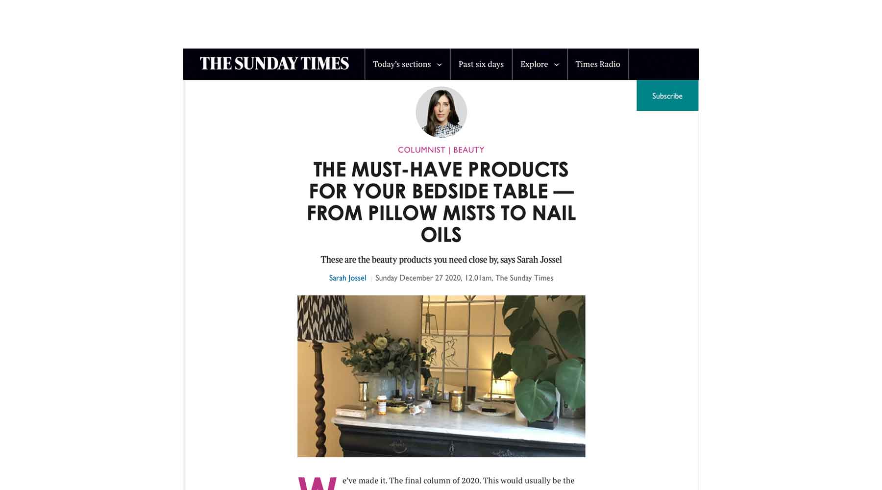 Screen shot from article featuring Drowsy Sleep Co in the Sunday Times Style Magazine..
