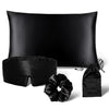 The Sensual sleep bundle - Black Jade by drowsysleepco, featuring a black satin Silk Pillowcase, Silk Sleep Mask, scrunchie, and drawstring pouch, is elegantly displayed on a white background.