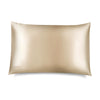 The Dusty Gold Silk Pillowcase by drowsysleepco is a smooth, light gold case with a subtle sheen, shown on a white background. "drowsysleepco" is printed in one corner—a hair-protecting and skincare essential.