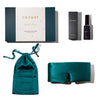 The Green Sapphire Deep Sleep Collection by drowsysleepco features a luxury silk sleep mask, green silk carry pouch, deep sleep pillow spray in a dark bottle, and a deep green and cream gift box.