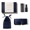 The drowsysleepco Midnight Blue Deep Sleep Collection includes a luxury silk sleep mask, matching pouch, and deep sleep pillow spray with packaging, all elegantly arranged on a white background.