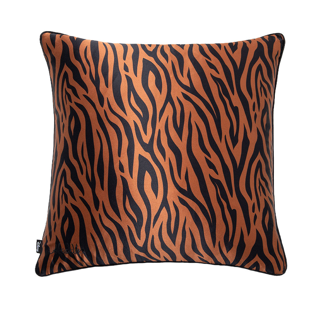The drowsysleepco Rajah Bundle includes a square throw pillow with bold brown and black tiger stripes, wavy lines, and a small black fabric tag on one side.