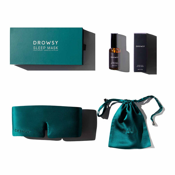 Drowsy Sleep Co Green Sapphire sleep mask and pillow spray on white background