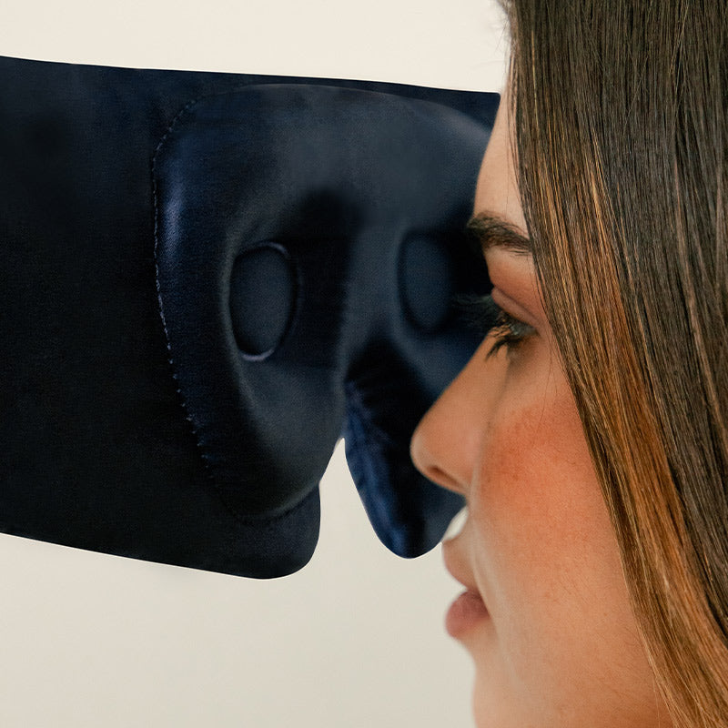 Midnight Blue Silk Contoured Eye cup mask for protecting eyelashes while you sleep