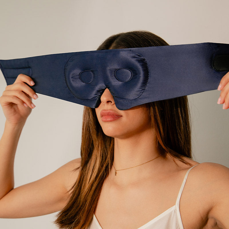 Midnight Blue Silk Contoured Eye cup mask for protecting eyelashes while you sleep