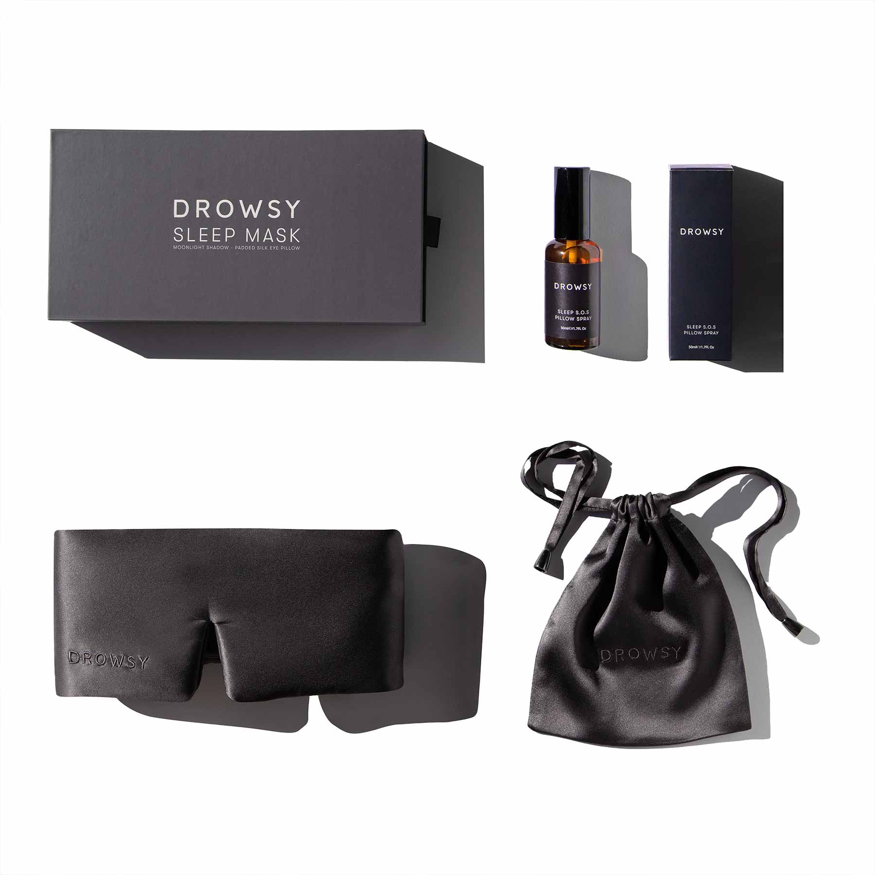 Drowsy Sleep Co Moonlight Shadow sleep mask and pillow spray on white background