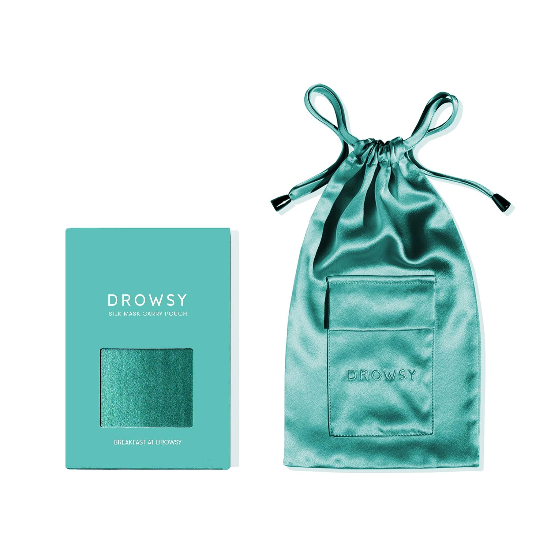 Teal mulberry silk Breakfast at Drowsy Carry Pouch by drowsysleepco, featuring drawstrings and embroidered DROWSY logo, shown beside a matching teal box with a fabric window labeled DROWSY Silk Mask Carry Pouch.