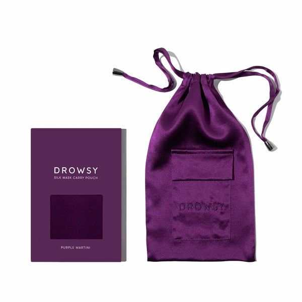Drowsy Sleep Co. Purple silk carry pouch for silk eye mask to sleep better