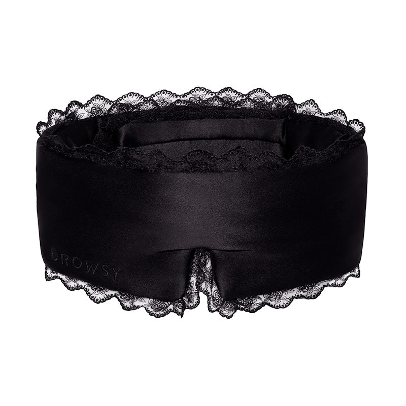 The Paris Love Story - Black Jade Sleep Mask by drowsysleepco features 22 momme black mulberry silk with lace trim, targeting fine lines, wrinkles, and dark circles while enhancing sleep quality with skincare benefits.