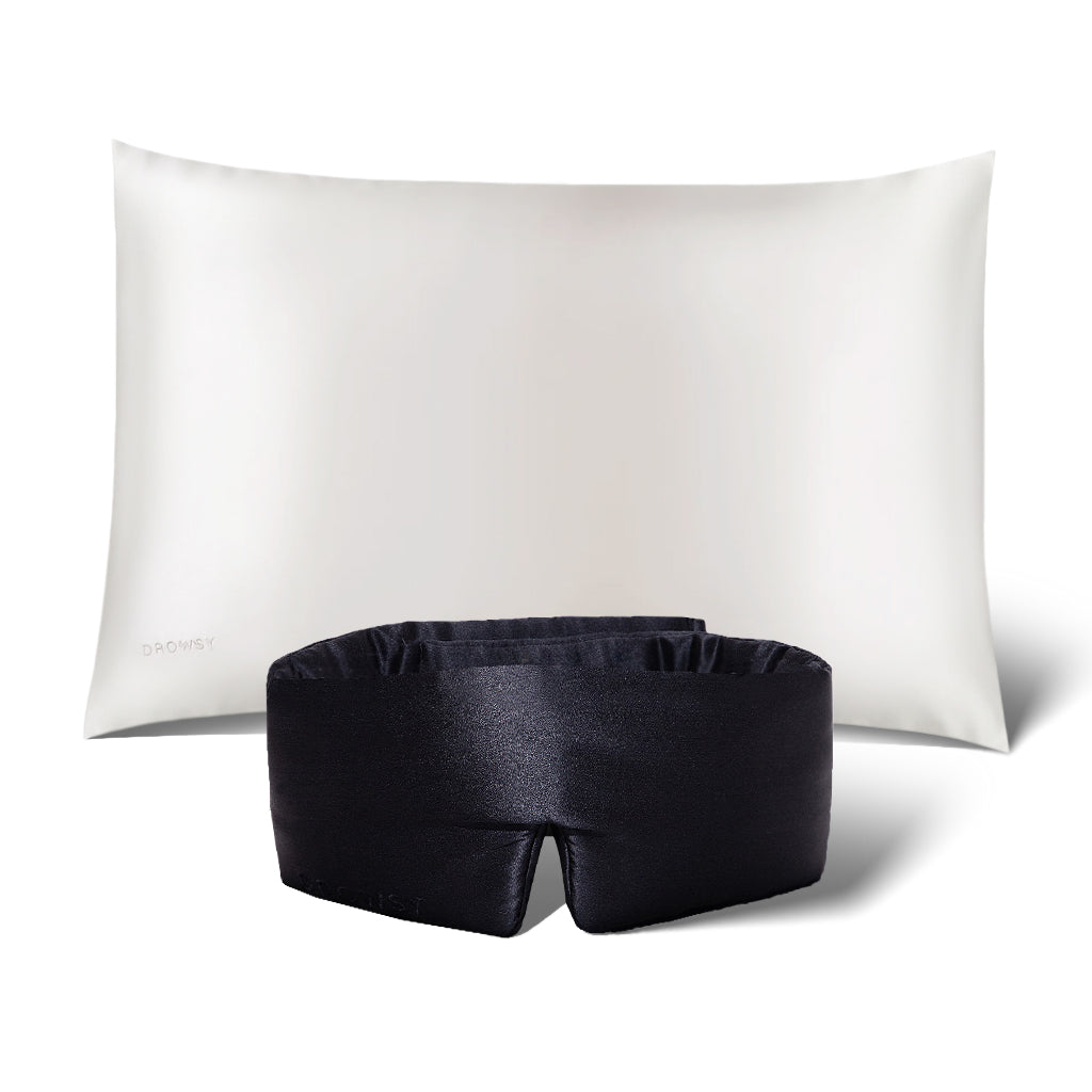 The Perfect skin bundle Black Jade by drowsysleepco, featuring a white silk pillowcase and black silk sleep mask, is displayed against a white background—the ideal duo for nightly beauty sleep.