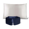 The Perfect Skin Bundle Midnight Blue by drowsysleepco includes a white pillow with a subtle logo and a dark navy blue padded silk sleep mask, both branded—ideal for enhancing your beauty sleep.