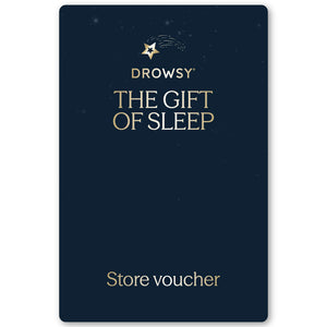 A dark blue drowsysleepco Sleep Gift Card features a gold star and "Drowsy The Gift of Sleep" in gold text, with “Store voucher” below. Its simple, elegant design makes it a perfect gift for restful nights.