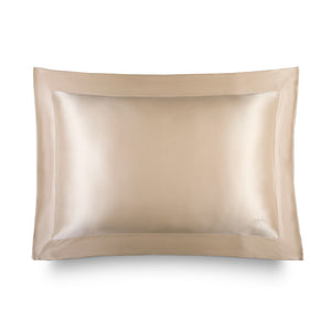 The Hyalo Pillowcase in Champagne Gold by us.drowsysleepco features a smooth, lustrous silk texture and is displayed against a white background. Designed with a wide border and a subtle embroidered logo in one corner, this pillowcase delivers luxurious overnight hydration and exceptional comfort.