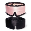 The 2-Pack Sleep Masks by drowsysleepco features one pink silk mask with black ruffled edges and one sleek black jade silk mask, both embossed with the DROWSY logo on the side.