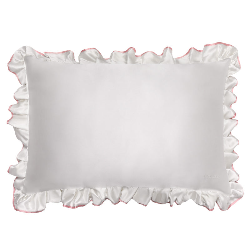 The drowsysleepco Sleep and the City - Pearl & Pink Pillowcase features a rectangular white satin design with light pink ruffle trim, shown against a plain white background.