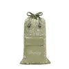 Pride & Prejudice - Sage Carry Pouch, a sage green mulberry silk drawstring pouch featuring a white floral pattern and a front pocket embroidered with the word Drowsy.