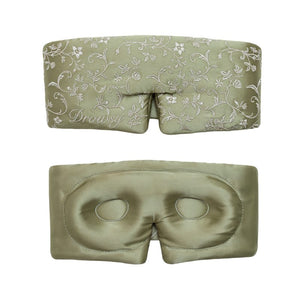 Front and back views of the Pride & Prejudice - Sage Eyelash Protecting Sleep Mask by us.drowsysleepco, featuring sage green fabric with white floral embroidery and contoured, eyelash-protecting molded eye cups.