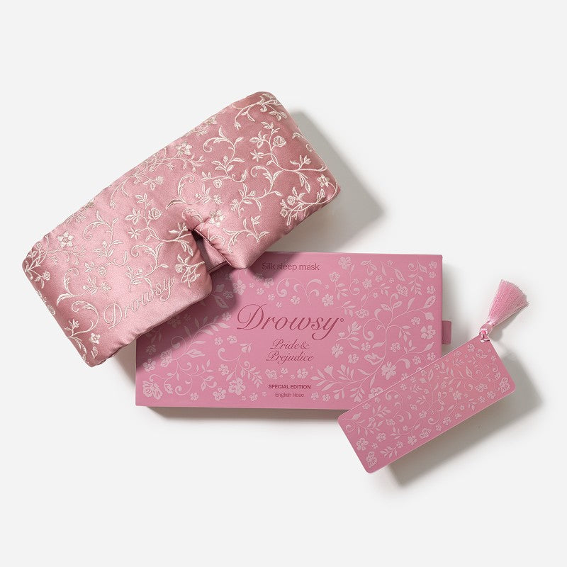 Pride & Prejudice - Sage + English Rose Sleep Masks featuring a floral mulberry silk sleep mask, a matching branded gift box, and a coordinated bookmark with a tassel.