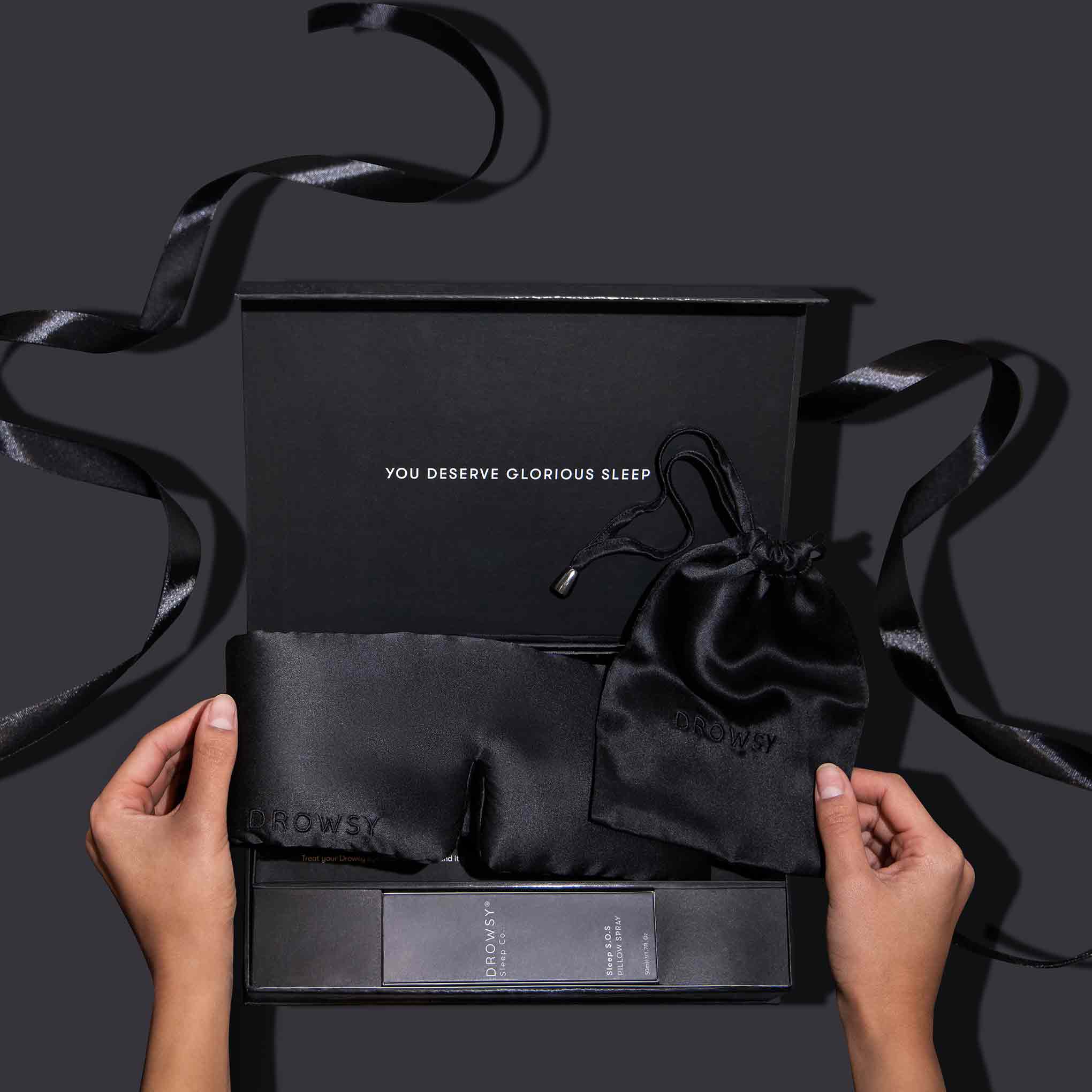 Drowsy Sleep Co. Black Jade Gift Set in black Box with Black Ribbons on a black background