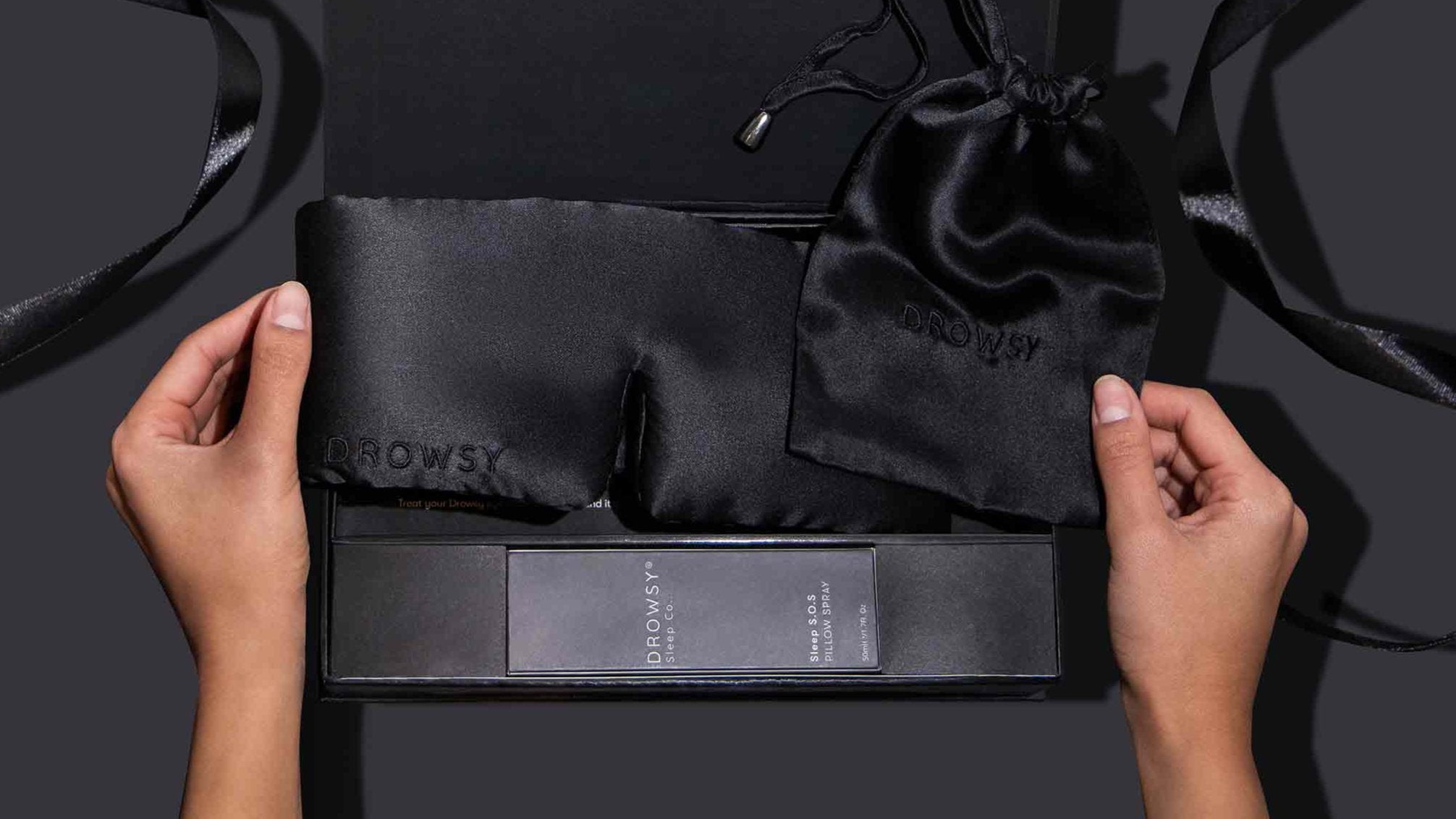 Drowsy Sleep Co. Black Jade Gift Set in black Box with Black Ribbons on a black background