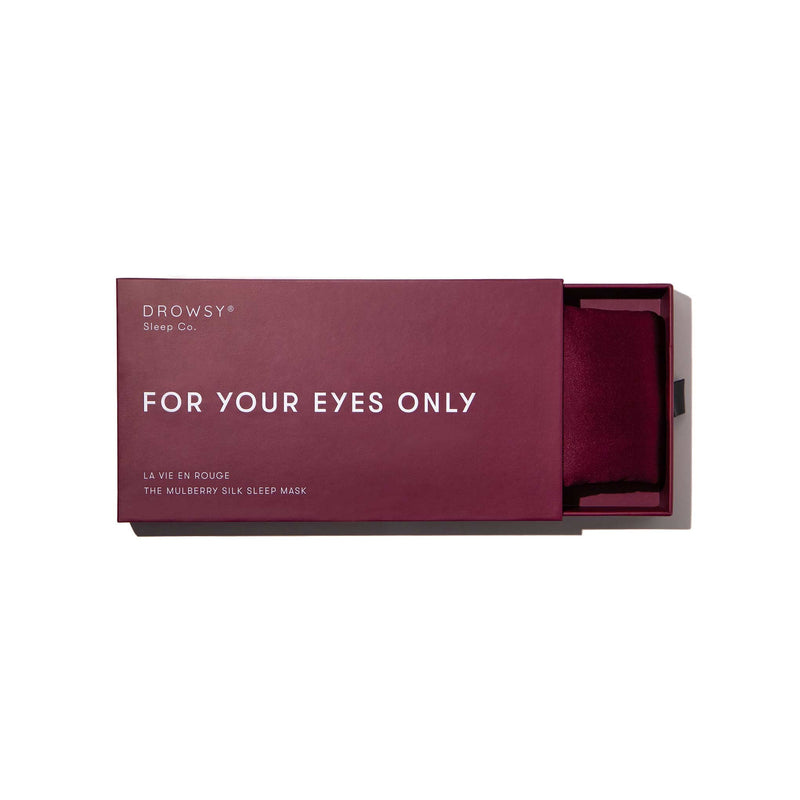 Drowsy Sleep Co. Red Silk Sleep Mask box on white background 
