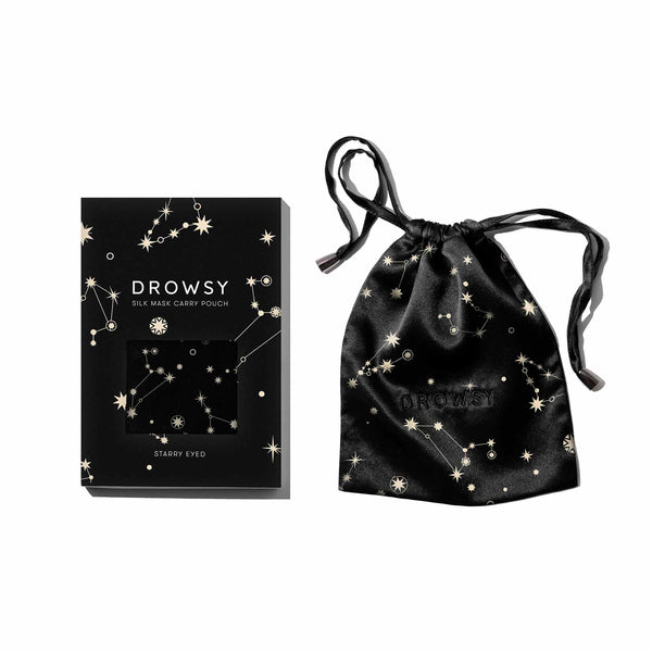 Star patterned silk bag and box on white background