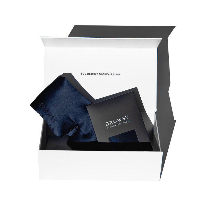 Drowsy luxury white gift box with a drowsy midnight blue sleep mask and pouch